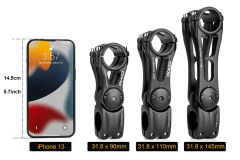Size comparison of adjustable MTB stem 31.8mm 70 degree riser in 90mm, 110mm, 145mm lengths next to iPhone 13