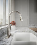 Works Like A Charm High Arch Kitchen Sink Faucet With Pull Down Sprayer And Three Spray Modes Brushed Stainless Steel Build in a modern kitchen setting.
