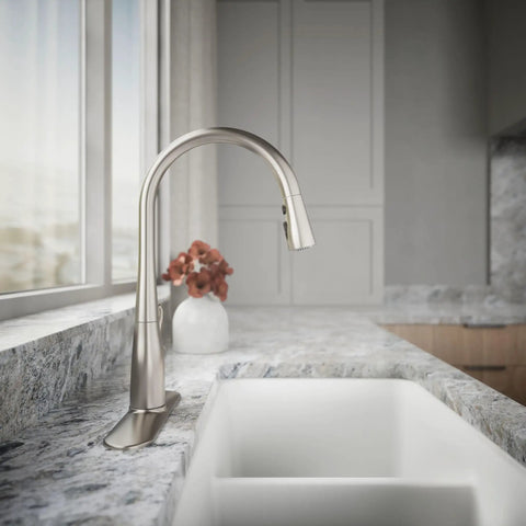 Works Like A Charm High Arch Kitchen Sink Faucet With Pull Down Sprayer And Three Spray Modes Brushed Stainless Steel Build in a modern kitchen setting.