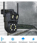 Heavy Duty 8Ch Wireless PtZ Security Camera Kit Featuring Killer 4K 8MP HD Video and Rock Solid Smart Tracking, rain-soaked outdoor setup.
