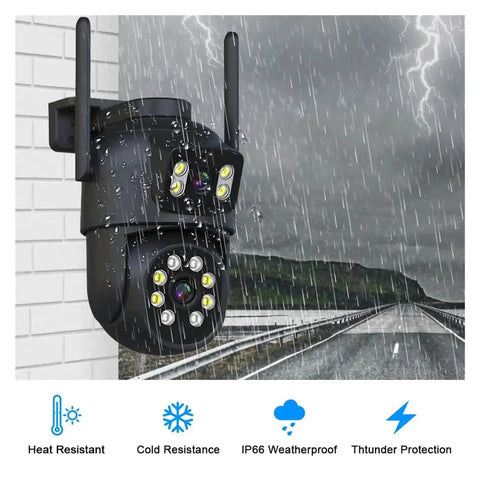 Heavy Duty 8Ch Wireless PtZ Security Camera Kit Featuring Killer 4K 8MP HD Video and Rock Solid Smart Tracking, rain-soaked outdoor setup.