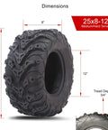 Mud Force ATV Tire Set 25x8-12 Front And 25x10-12 Rear, 6-Ply Heavy-Duty Bias Ply Off-Road Quad Tire, front view with dimensions