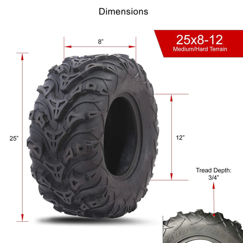 Mud Force ATV Tire Set 25x8-12 Front And 25x10-12 Rear, 6-Ply Heavy-Duty Bias Ply Off-Road Quad Tire, front view with dimensions