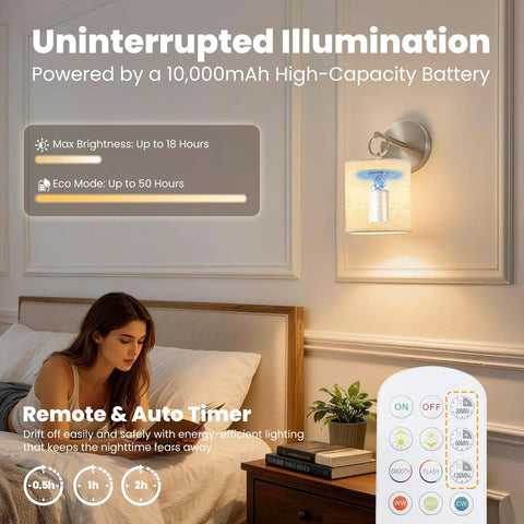 Peel and Stick Sconces Set of 2 Brushed Nickel, Detachable Battery Operated Wall Sconce With 10000mah Rechargeable Bulbs, illuminated bedroom scene.
