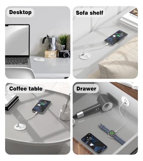 Recessed Power Strip Two Pack Desk Grommet Outlet 2.5 Inch Ten Foot Cord Triple USB Fast Charging Hub One AC Socket White Flush Desktop Charger installed in various furniture styles.