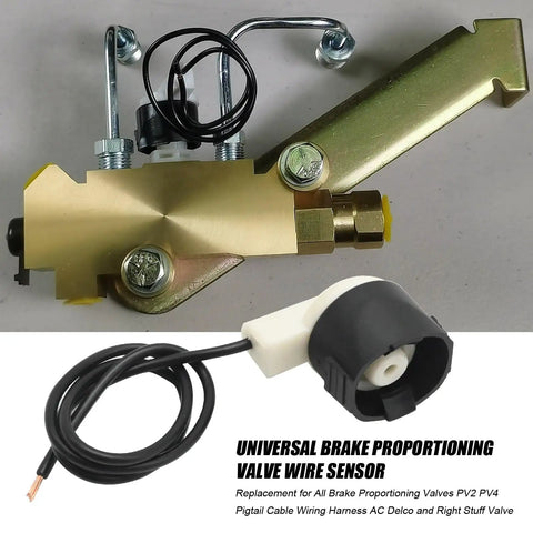 Universal Brake Proportioning Valve Pigtail Cable Wiring Harness Compatible With Pv2 Pv4 Right Stuff And ACDelco close-up of valve and connector.