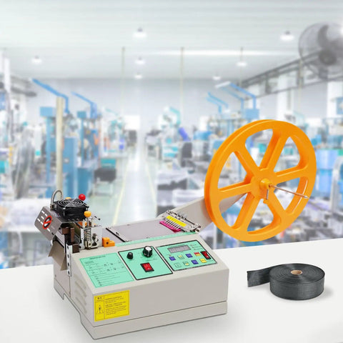Hot And Cold Cutting Textile Cutter For Webbing Ribbon And Zipper With Handguard Blade Cover in a workshop setting.
