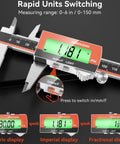 Rechargeable 6 Inch Digital Caliper With Large LCD Screen Stainless Steel Vernier Caliper showing measurement conversions