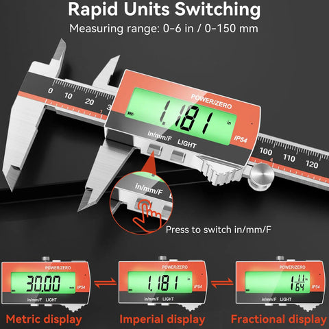 Rechargeable 6 Inch Digital Caliper With Large LCD Screen Stainless Steel Vernier Caliper showing measurement conversions