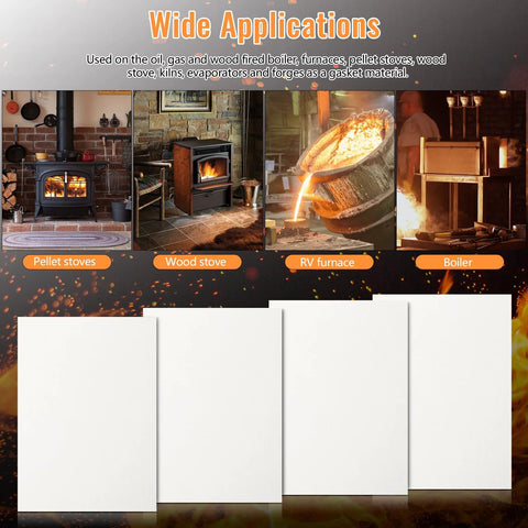 Front view of Antrys 4-pcs gasket paper set: four white ceramic fiber sheets, 7 x 10 x 1/8 in, for stoves and kilns.
