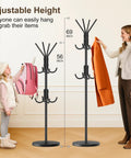 Heavy Duty Freestanding Coat Rack With Stable Wood Base And Metal Frame, 12 Hooks For Jackets Hats Bags in use by woman and child