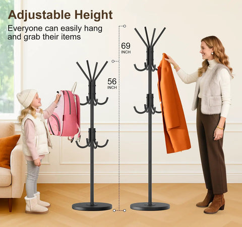 Heavy Duty Freestanding Coat Rack With Stable Wood Base And Metal Frame, 12 Hooks For Jackets Hats Bags in use by woman and child