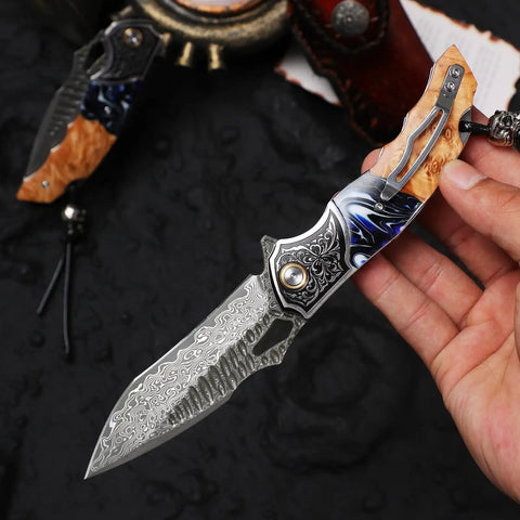 Damascus Steel Folding Knife With Resin Fusion Maple Wood Handle 8 Inch EDC Pocket Knife displayed in hand