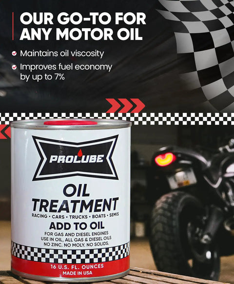 Premium Drop In Engine Oil Additive Pump Up Horsepower Save Green On Gas Cut Engine Rattle Smooth Ride For Heavy Duty Trucks And Cars Reduce Wear Vibration Boost Transmission Performance can of ProLube Oil Treatment on table