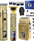 Cordless Hair Clippers For Men With Led Display And 3 In 1 Beard Trimmer Kit showing three gold clippers, guide combs, barber cape, and accessories.