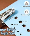 Adjustable Handheld Circle Hole Punch For Crafts And Scrapbooks With Blue Soft Grip One Quarter Inch And One Eighth Inch Heads Easy To Use For Tags Tickets Home Office And Classroom Projects Durable Metal Construction shown punching holes in blue paper with measurement indicators.
