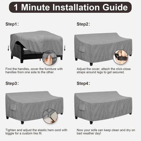 Installation steps for Outdoor Couch Cover For 3-Seater Sofa, Waterproof Patio Furniture Cover With Air Vent And Handles, Fits Up To 78W X 35D X 35H Inches, UV Resistant, Gray.