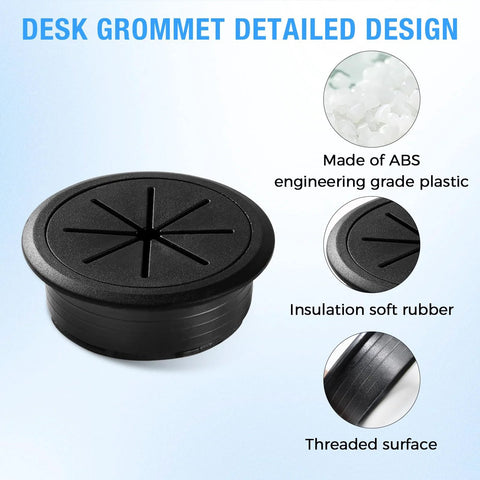 Black ABS plastic desk grommet with threaded surface, showcasing insulation soft rubber for cord management.