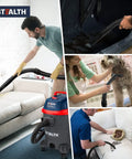 Collage of Beast 5.5 Peak HP Wet And Dry Shop Vacuum with 5 Gallon Tank used for sofa, car, pet, and spill cleaning.