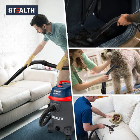 Collage of Beast 5.5 Peak HP Wet And Dry Shop Vacuum with 5 Gallon Tank used for sofa, car, pet, and spill cleaning.