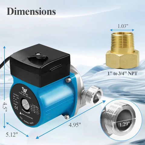 Tough As Nails Residential Hot Water Recirculating Pump One Inch NPT Threading with dimensions labeled clearly.