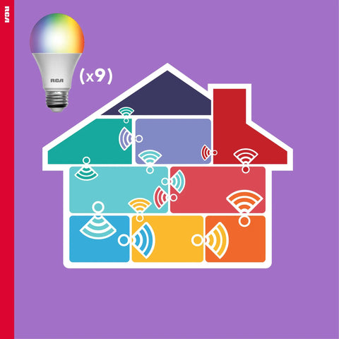 Diagram showcasing 24 Pack WiFi Smart LED Light Bulbs Color Changing RGB Dimmable 800 Lumens 10W A19 around a home with icons.