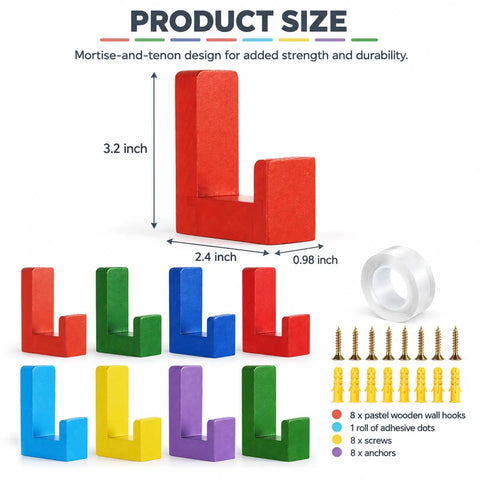 Fresh Rainbow Wooden L Shaped Wall Hooks Eight Pack with adhesive pads and screws showing vibrant colors and dimensions.