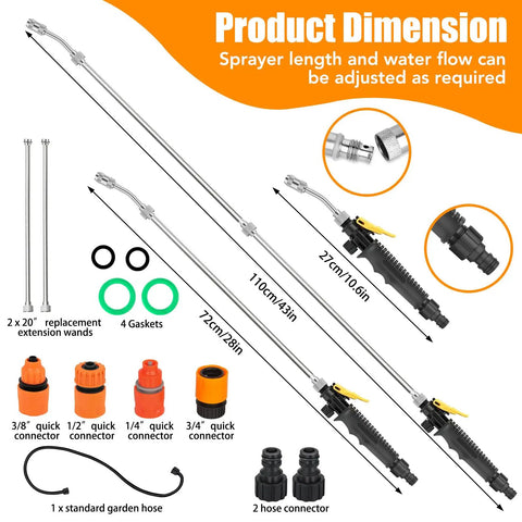 Image of a Stainless Steel Sprayer Wand Kit For Yard, 28 Inch Adjustable Metal Wand With Extension, with connectors and gaskets.