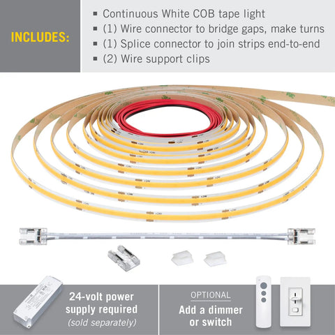 RibbonFlex Pro 24V White COB LED Strip Light Tape 2700K 32 Ft 10 M with connectors, dimmable, cuttable, UL Listed, easy install