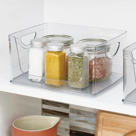 Stackable Open Front Kitchen Storage Bin With Handles Clear Plastic Organizer For Pantry Cabinets And Drawers See Through Design For Quick Access Durable Made In USA Storage Solution holding jars