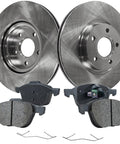 Front brake rotor and pad kit with two silver rotors and two gray brake pads, includes anti-rattle clips