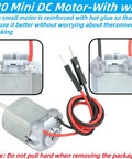 Close-up of 10 Pack Mini DC Motors For DIY Projects 1.5V To 6V Tiny Electric Motors with 20cm wires, 2mm shaft, 8mm length.