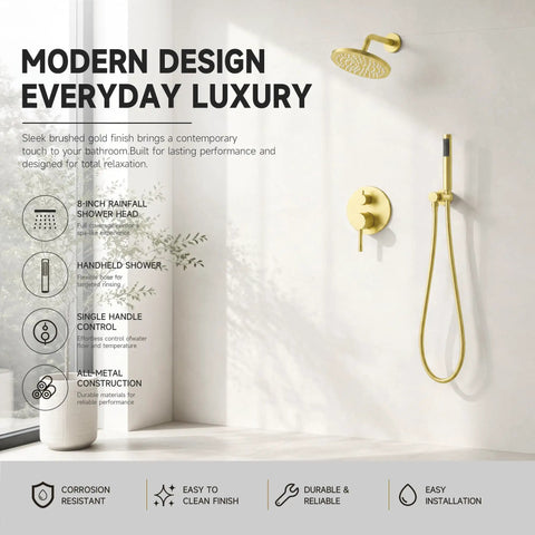 Dope All Metal Brushed Gold Shower System With Eight Inch Rain Head That Keeps Things Rust Free And Looks Absolutely Sick For Any Modern Bathroom Premium Stainless Steel Wall Mounted Faucet Handle And Shower Arm Extension