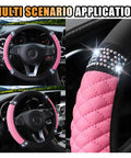 Dope Pink Rhinestone Bling Soft Leather Steering Wheel Cover For Cars 15 Inch on a steering wheel, showcasing its sparkling design.