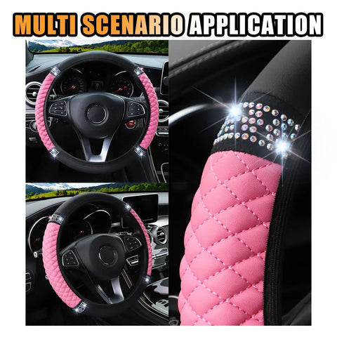 Dope Pink Rhinestone Bling Soft Leather Steering Wheel Cover For Cars 15 Inch on a steering wheel, showcasing its sparkling design.