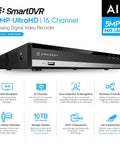 5MP UltraHD 16 Channel DVR Security System Recorder With Remote Smartphone Access, Analog Camera Compatibility, AI features display