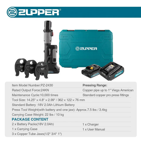 Compact Press Tool Kit With One Half Inch Three Quarter Inch And One Inch Copper Pipe Jaws For ProPress American Standard Fittings Durable Pro Grade Lightweight And Easy To Use Ideal For Pros And DIY Home Plumbing Projects. Press tool kit with 1/2, 3/4, 1 in copper jaws, case and batteries.