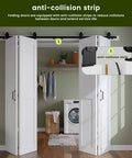 Space Saving Bi Fold Barn Door Kit 64 by 84 Inches White With Hardware Included installed in laundry area showing anti-collision strip