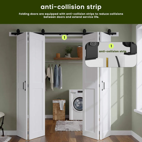 Space Saving Bi Fold Barn Door Kit 64 by 84 Inches White With Hardware Included installed in laundry area showing anti-collision strip