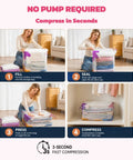 Woman using Two Large and Two Jumbo No-Pump Compression Bags for Clothes and Blankets, Vacuum-Free Storage Solution for Travel, RV, and Closet Organization - Quick Air Out Press to Save Space in Seconds, Reusable and Durable in living room step by step.