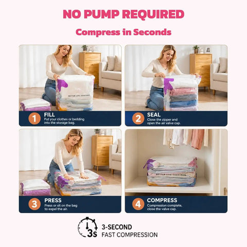 Woman using Two Large and Two Jumbo No-Pump Compression Bags for Clothes and Blankets, Vacuum-Free Storage Solution for Travel, RV, and Closet Organization - Quick Air Out Press to Save Space in Seconds, Reusable and Durable in living room step by step.
