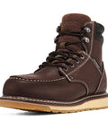 Front view of Six Inch Waterproof Moc Toe Steel Toe Work Boots for men, showing full-grain leather and slip-resistant sole.