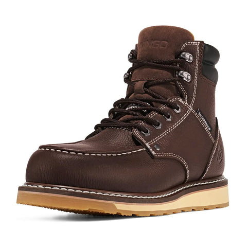 Front view of Six Inch Waterproof Moc Toe Steel Toe Work Boots for men, showing full-grain leather and slip-resistant sole.