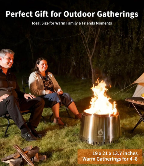 People gathered around a Smokeless 21 Inch Fire Pit With Dual Airflow For Clean Burn Stainless Steel Outdoor Firepit at night