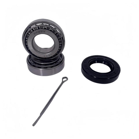 Front view of DEEG trailer bearing kit with two 30205 bearings, rubber seal, and installation tool for 25mm axles.