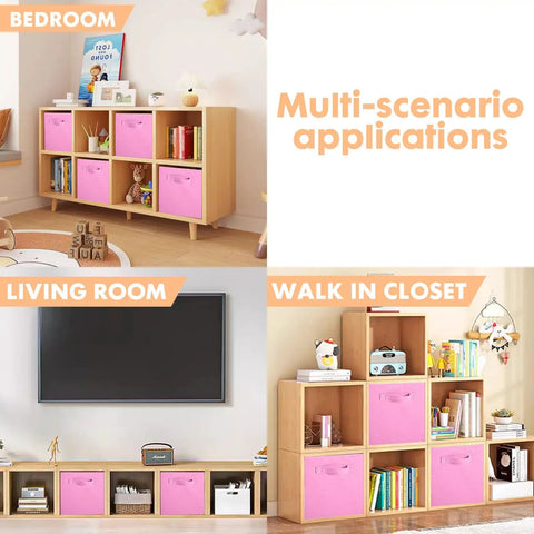 Foldable Fabric Storage Cubes Set For Closet And Toy Organization, 6 Pack Pink Cloth Bins in various room setups.