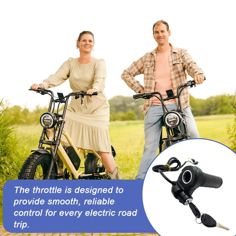 Top Shelf Rubber Twist Throttle Grip With Two Keys Waterproof Ebike Accelerator Handle And Speed Controller Universal Replacement Parts For Ebikes Motorcycle Killer Performance, shown on e-bikes in outdoor setting.