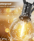 Outdoor LED String Lights 100 Ft With 52 Shatterproof G40 Vintage Edison Bulbs Waterproof close-up of glowing bulb and water droplets.