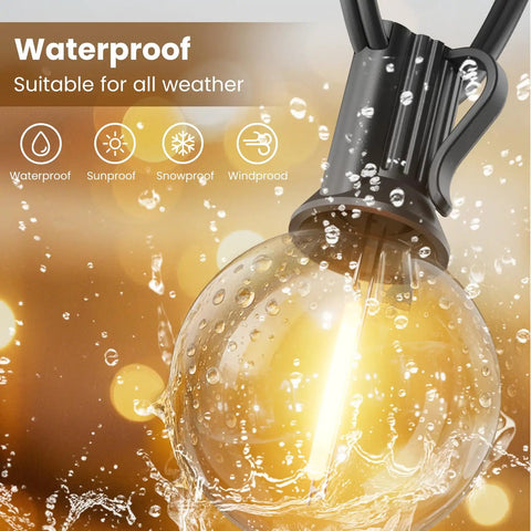 Close-up of Outdoor String Lights 150 Ft G40 LED Patio Lights Plug In Waterproof Connectable Globe Bulbs in rain.