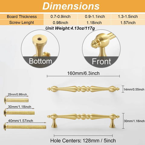 Dimensions of Two Pack 5 Inch Center Solid Brass Cabinet Pulls in Vintage Gold Brushed Finish with screws, side and top view.